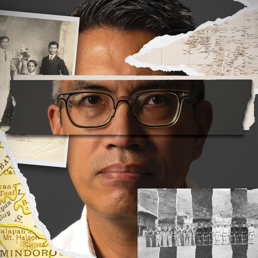 A man's face partially obscured by a collage of torn vintage photographs and maps.