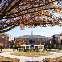 Academic building with fall landscape.