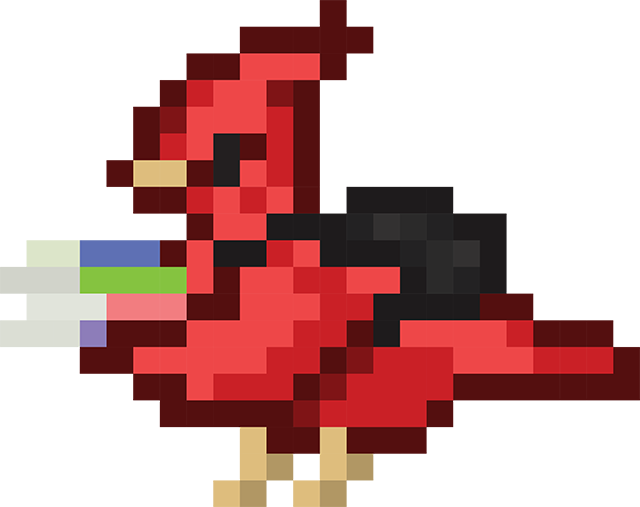 A pixel Reggie carrying books and a backpack.