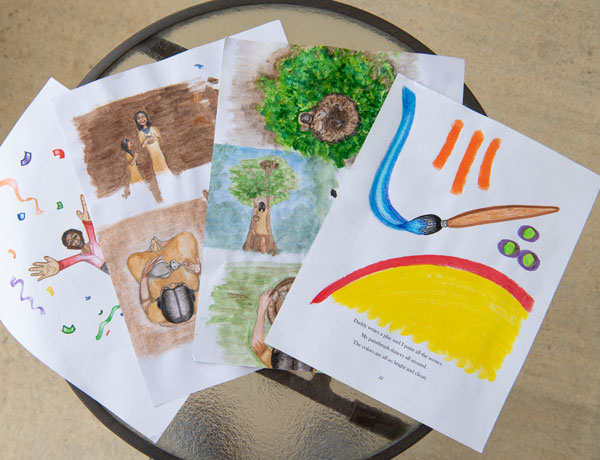 Pages of a children's book illustrated by a graduate student of Art Education.