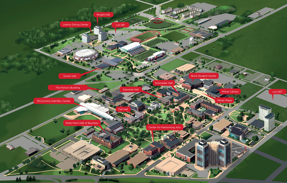 Campus Map with Building Labels. List of buildings and their physical addresses are below.